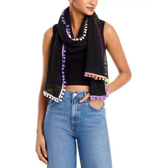 ECHO Womens Scarf Black Oversized Rectangle Pom Pom Lightweight Wrap $69 29x74 - Picture 1 of 6